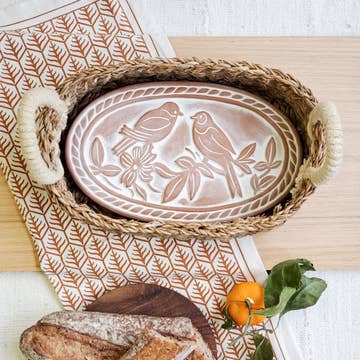 Oval Bird-&-Branch Ceramic Tray in Woven Basket