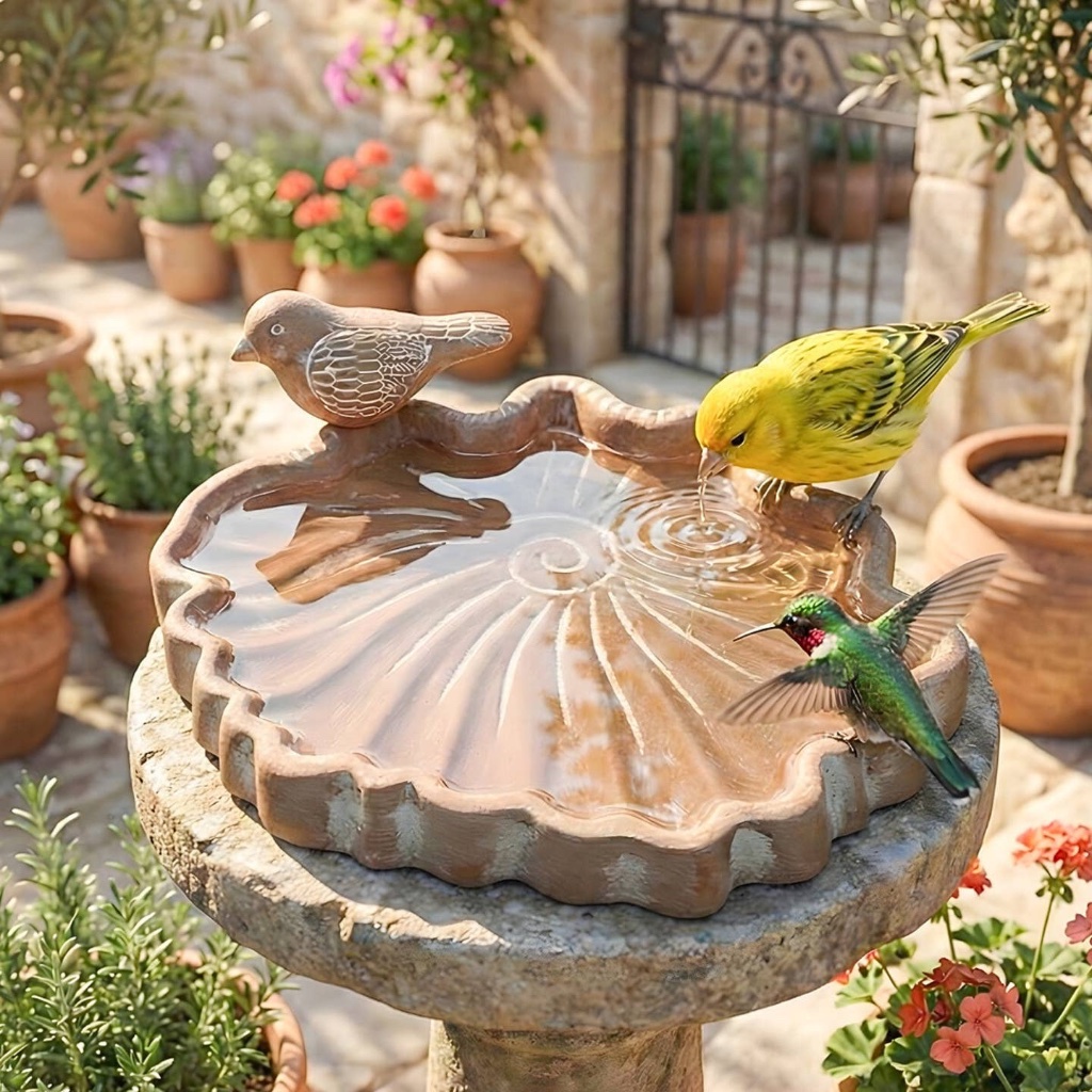 Terracotta Birdbath with Sculpted Bird
