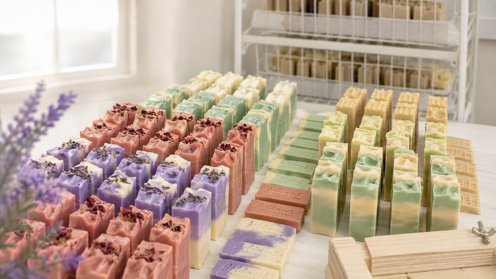 Goldmont Naturals handmade soap collection — lavender, blush, eucalyptus and golden bars on a curing rack
