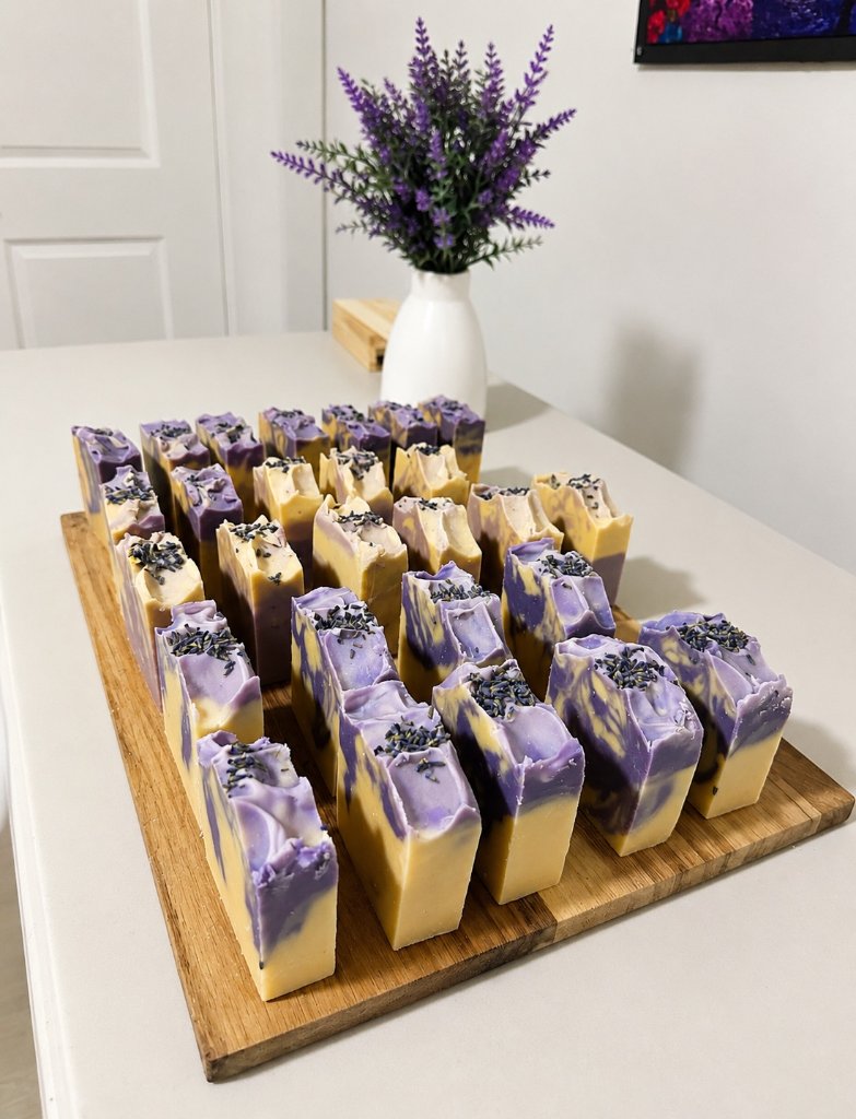 Handcrafted lavender soaps arranged on a wooden board — Goldmont Naturals small-batch soapmaking