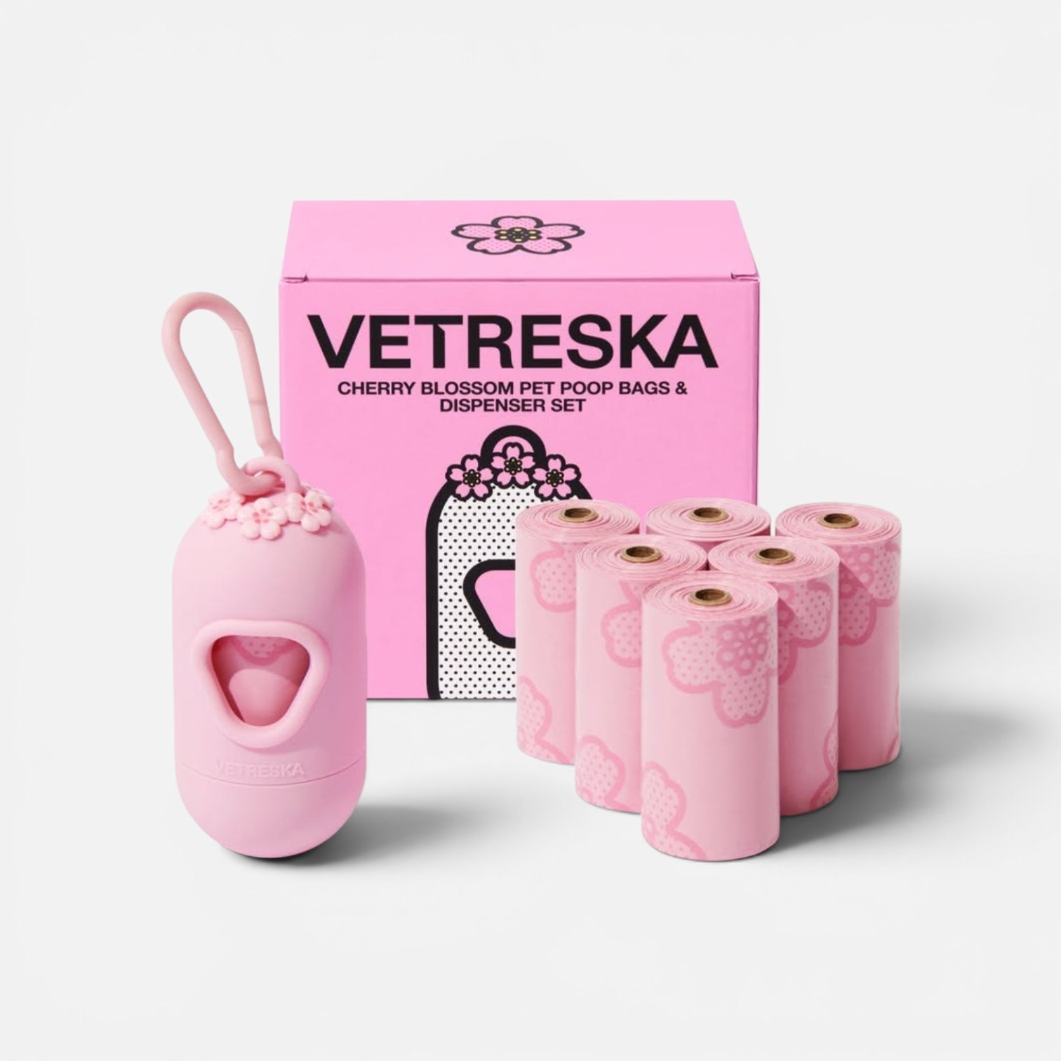 VETRESKA Cherry Blossom Pet Poop Bags & Dispenser (1 Dispenser + 1 Roll)