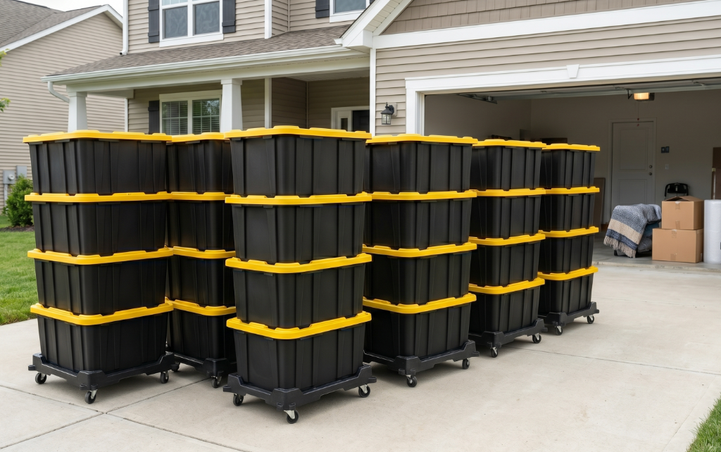 Stacks of reusable moving totes ready for neighborhood delivery
