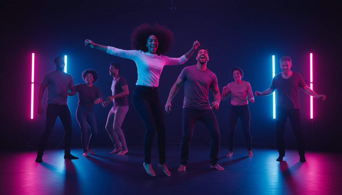 Diverse adults dancing with joy under neon lights
