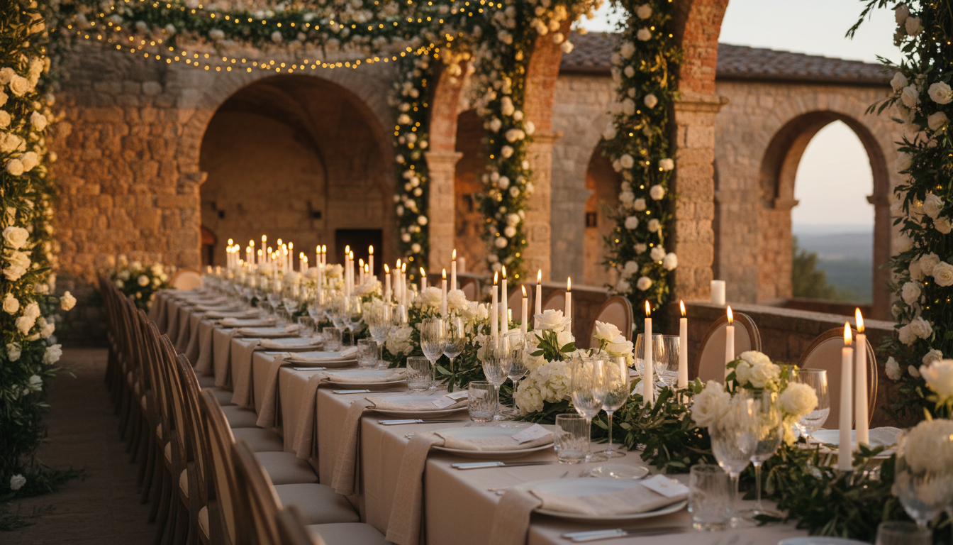 Candlelit dinner at Italian destination wedding — imperial table under string lights, white candles and olive branches