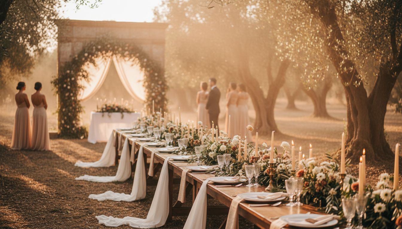 Romantic Italian wedding ceremony in olive grove at golden hour, long tables with candles and olive branches