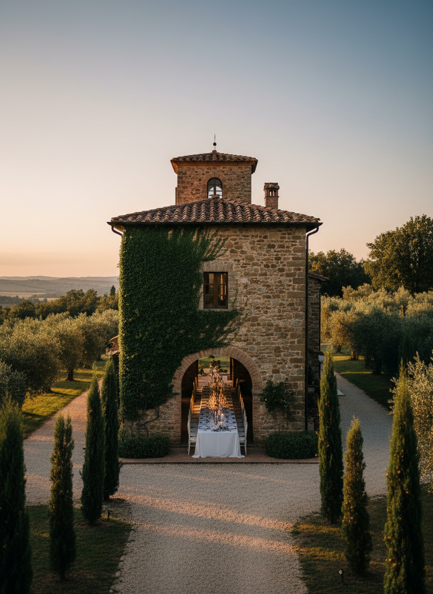 Torre Collevento — exclusive stone tower wedding venue surrounded by olive groves in Umbria, with long imperial table set under stone archway