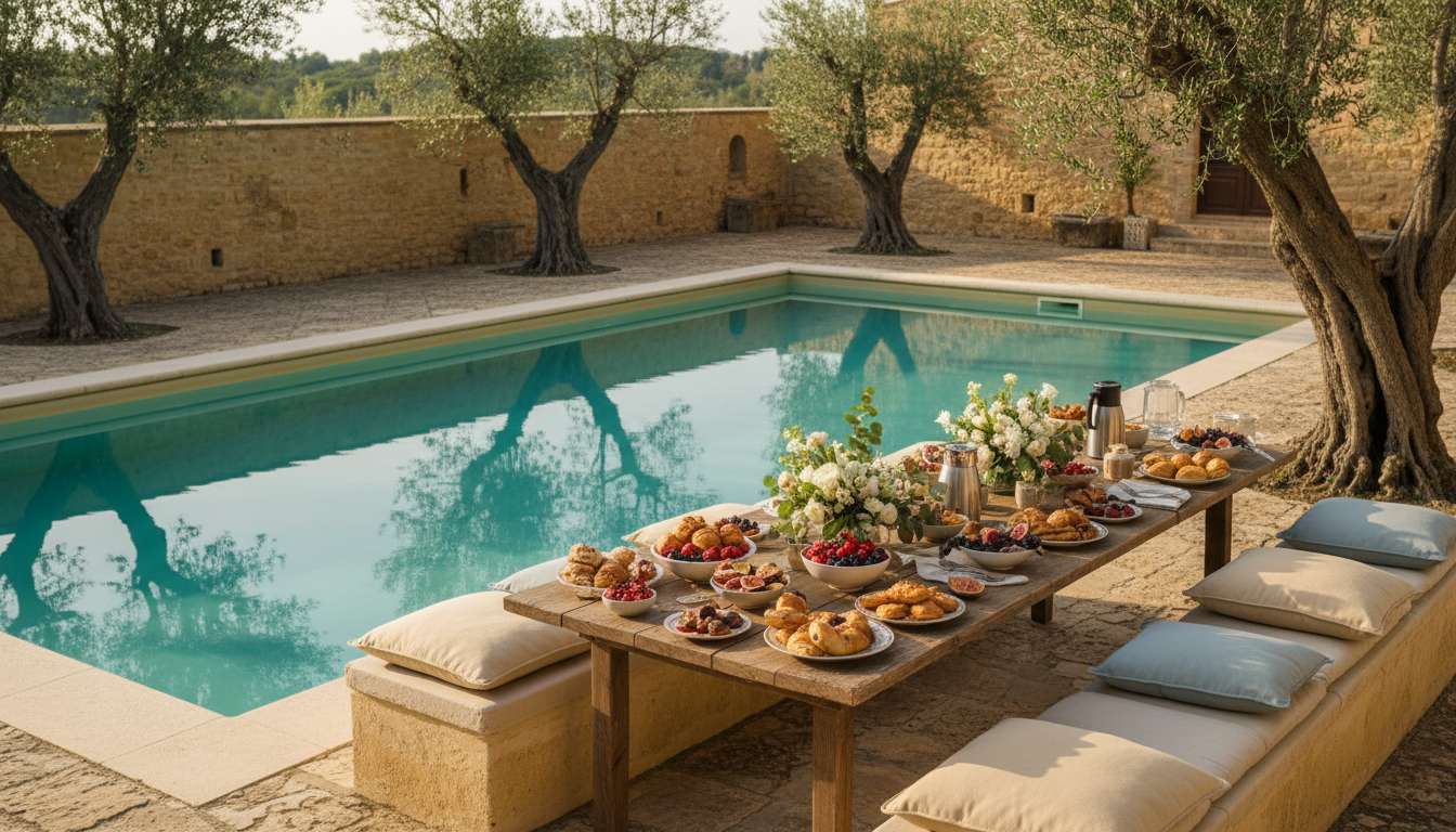 Poolside brunch scene at luxury Umbrian villa — turquoise pool, olive trees, fresh pastries and morning light