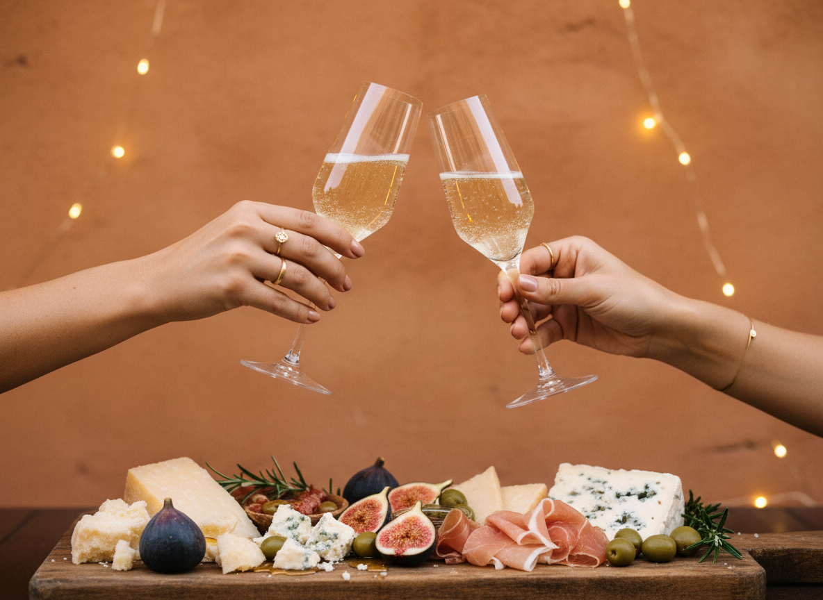Italian aperitivo at golden hour — champagne coupes, antipasti and warm terracotta ambiance