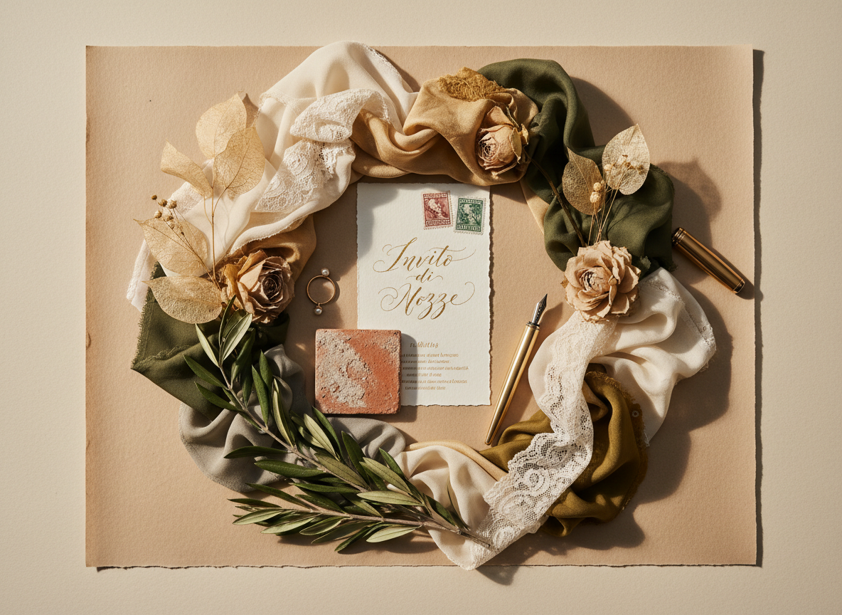 Elegant wedding planning mood board with fabric swatches, olive branches, calligraphy invitation and Italian details