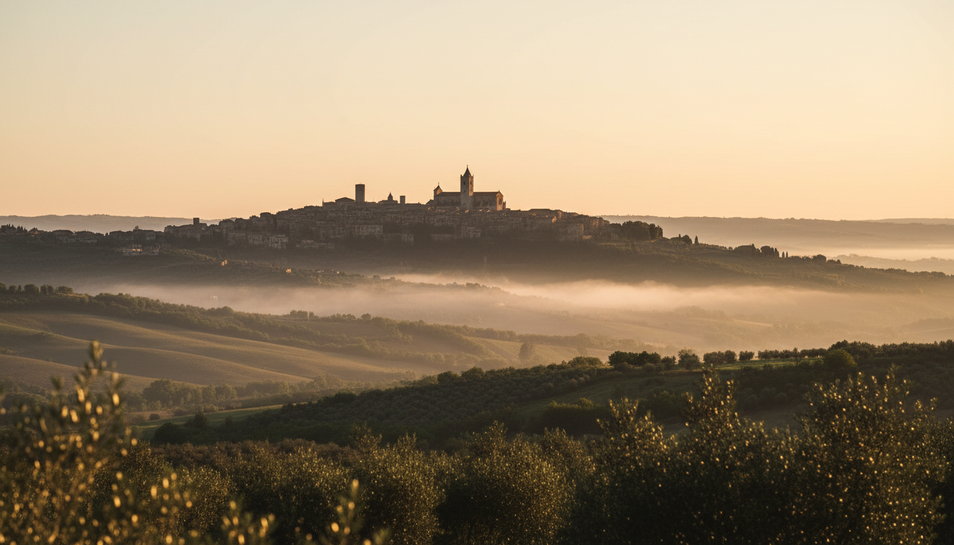 Golden hour landscape of Orvieto, Umbria - rolling hills, olive groves and ancient Italian town silhouette at dusk