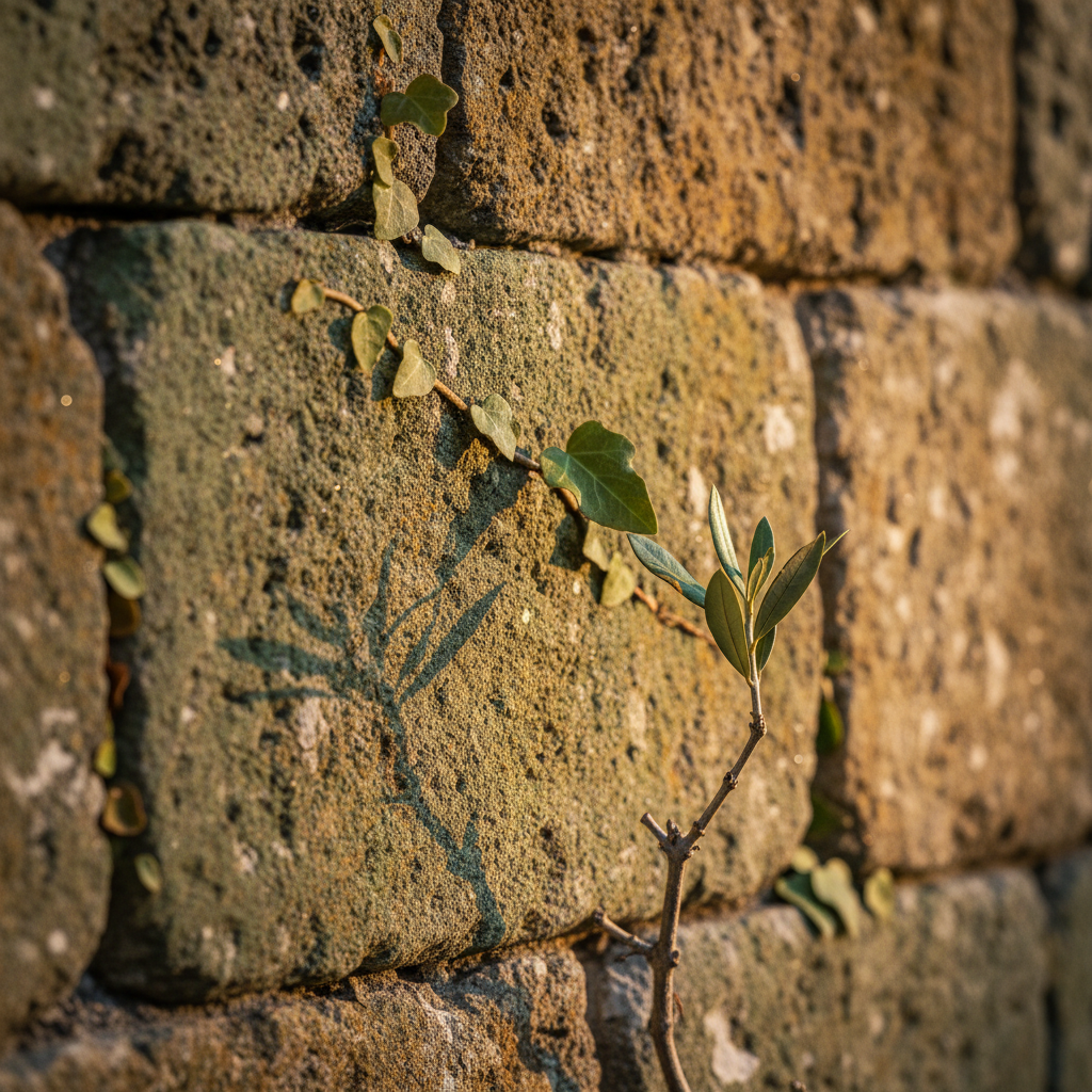 Macro detail of ancient Umbrian stone wall with ivy, warm golden sunlight — texture of Italian heritage