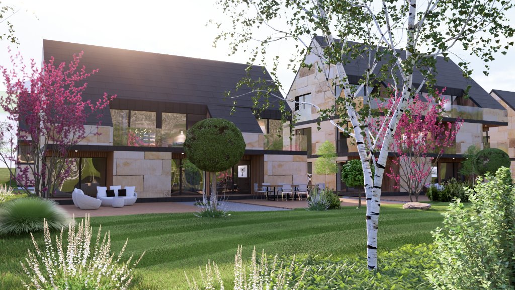 Řež Housing — Garden Dusk