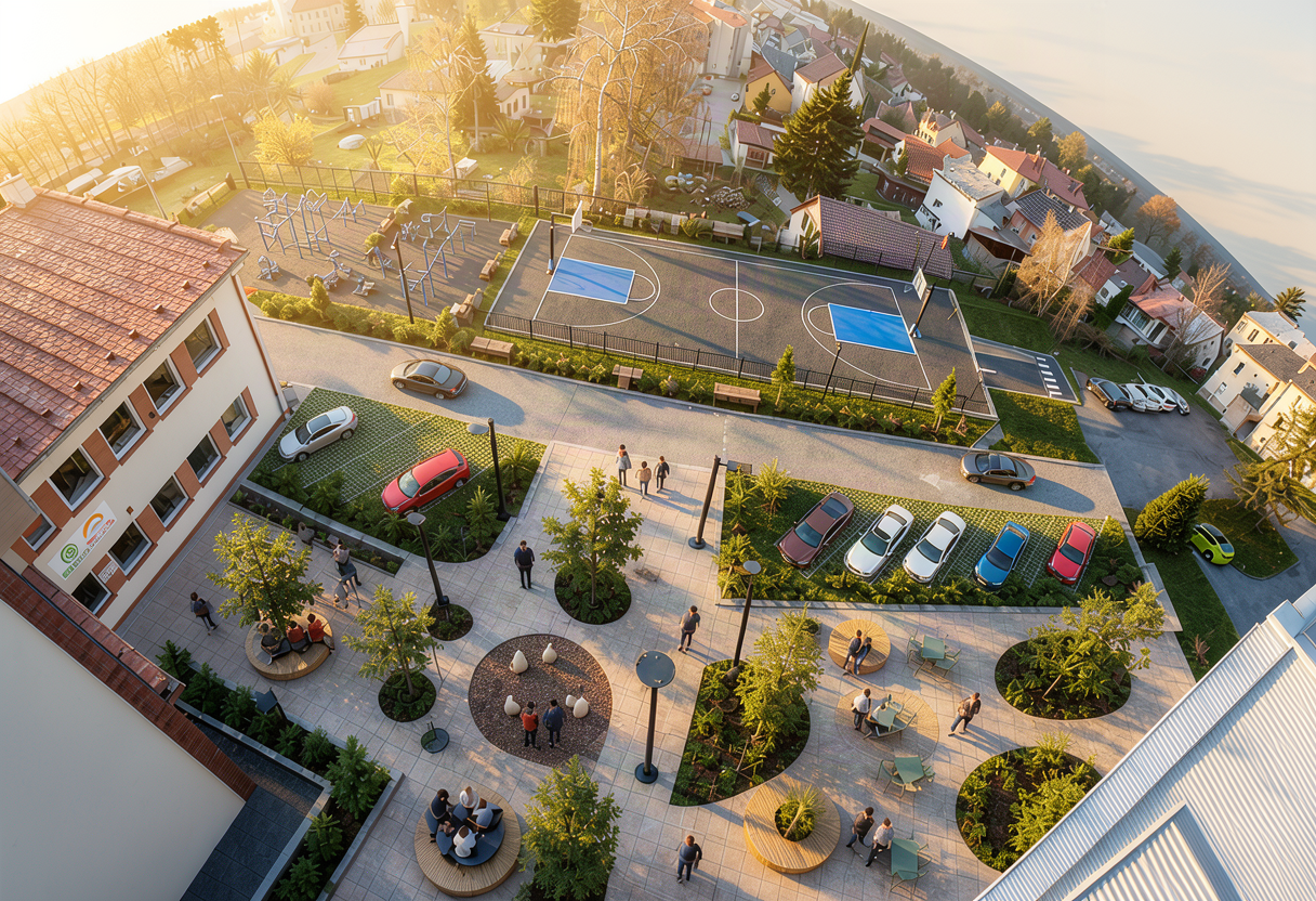 Středoškolský Campus Planá — Letecký pohled na návrh