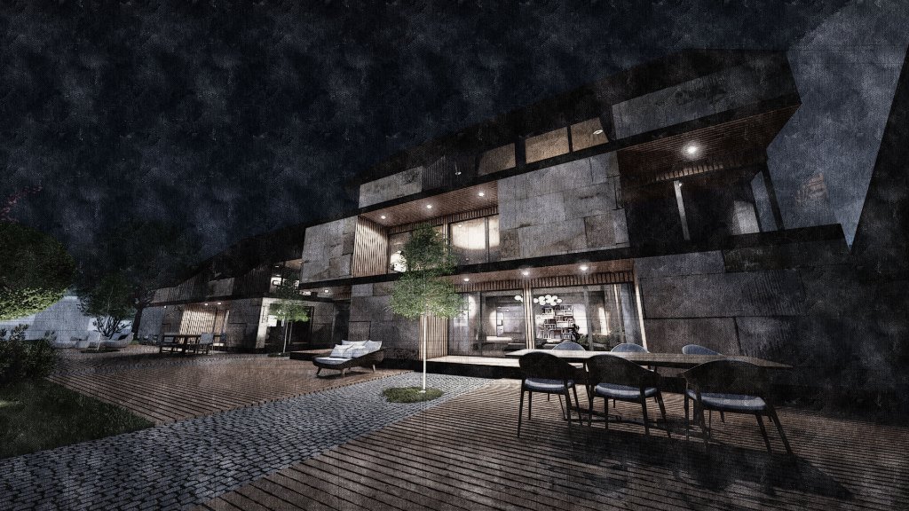 Řež Housing — Night Courtyard