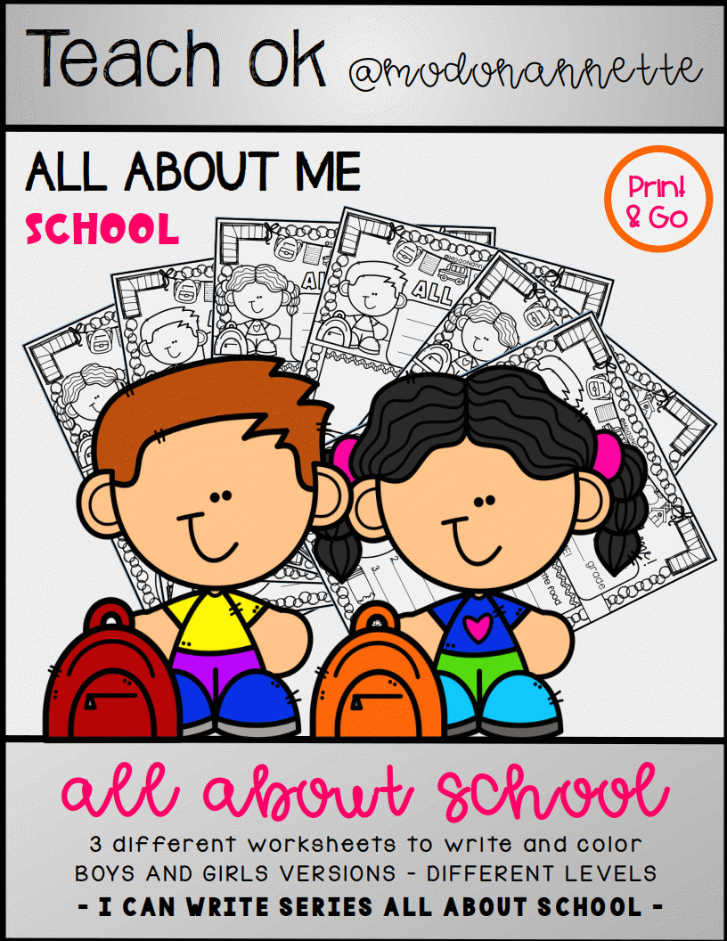 Portada de All About Me: actividad de escritura y color sobre uno mismo, con versiones para niños y niñas.