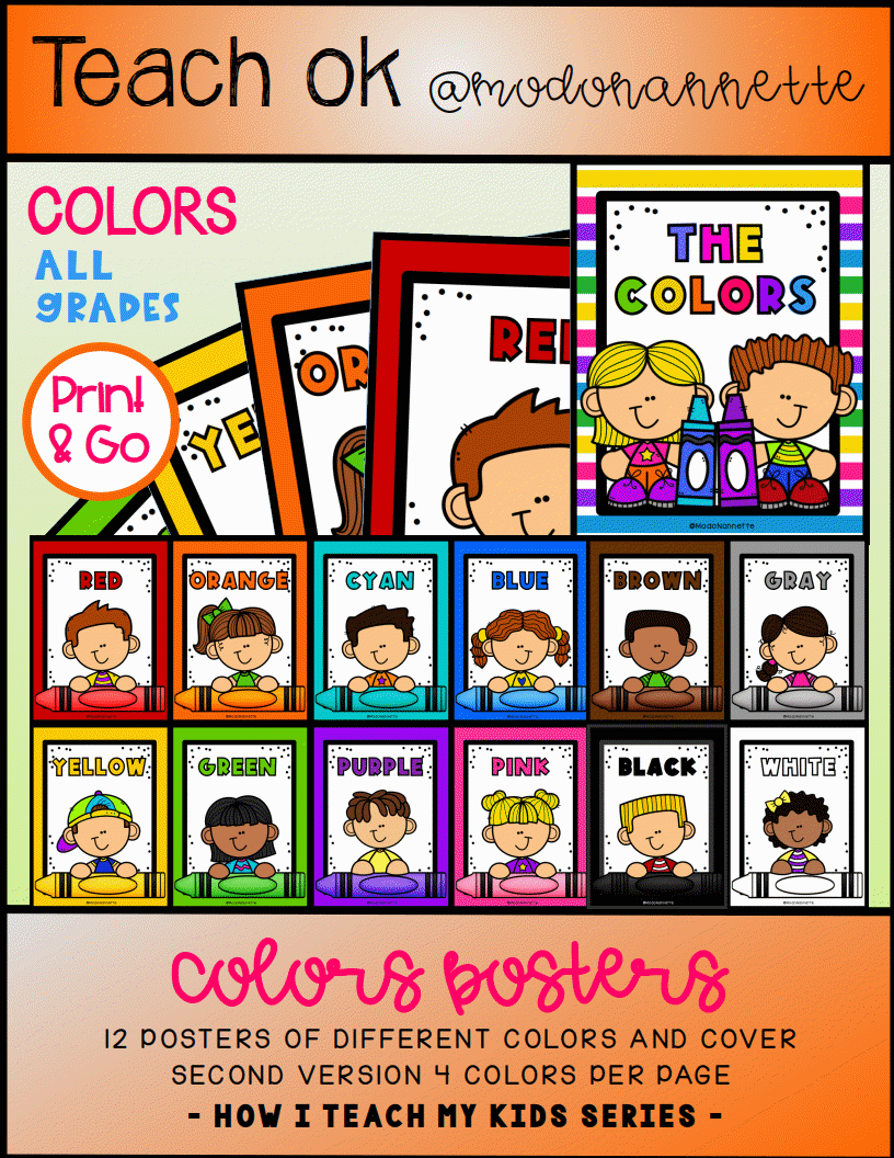 Portada de Colors Posters: doce pósters de colores con personajes y crayones.