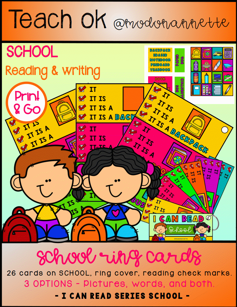 School Ring Cards — tarjetas de lectura de vocabulario escolar.