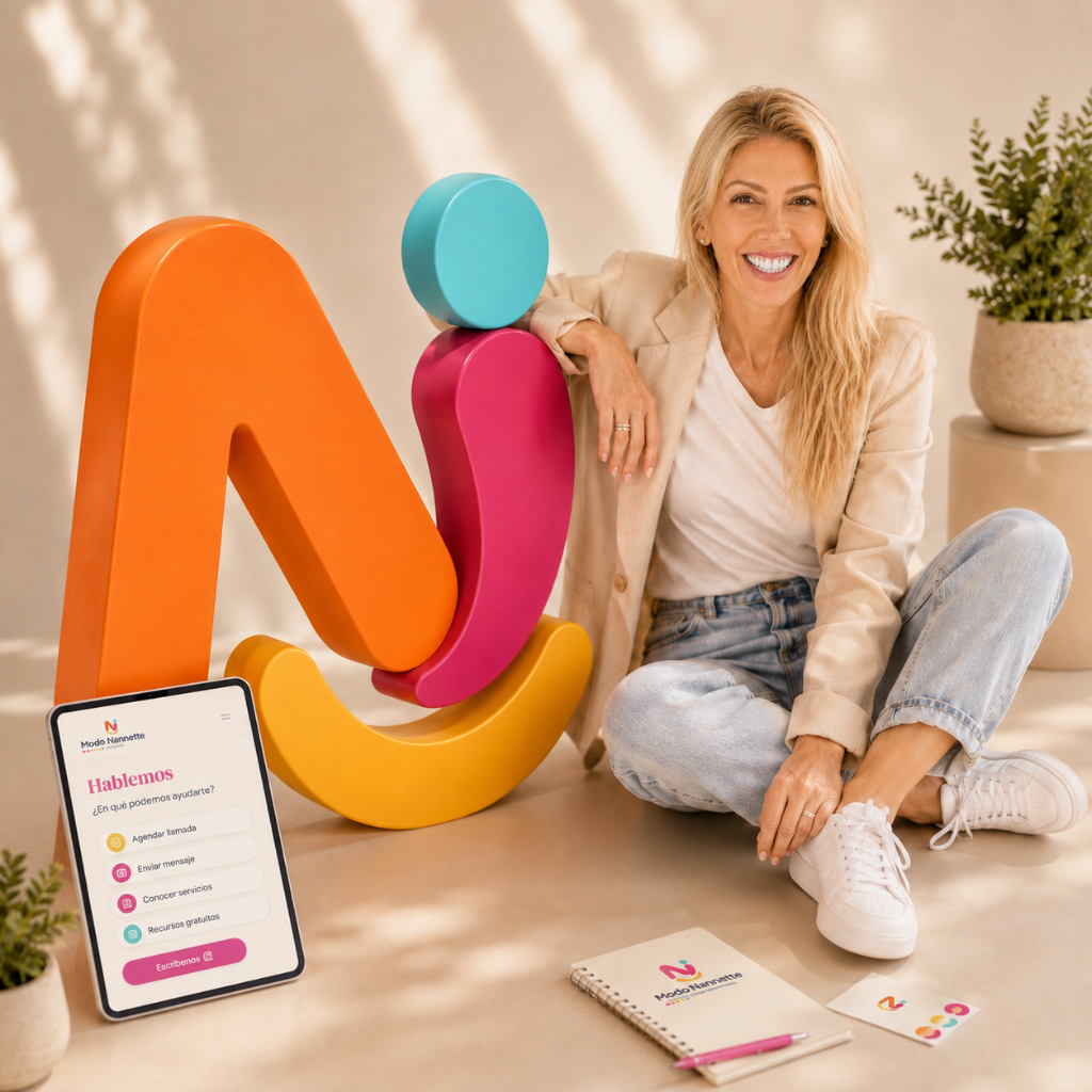 Nannette sentada junto al logo 3D de Modo Nannette