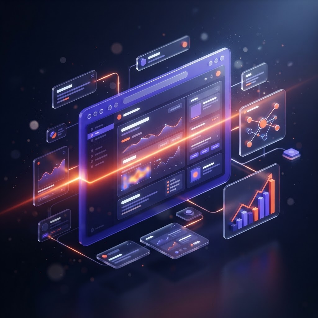 Illustratie van een website-interface die gecrawld en gescand wordt, met panelen voor metadata, schema en posities ernaast
