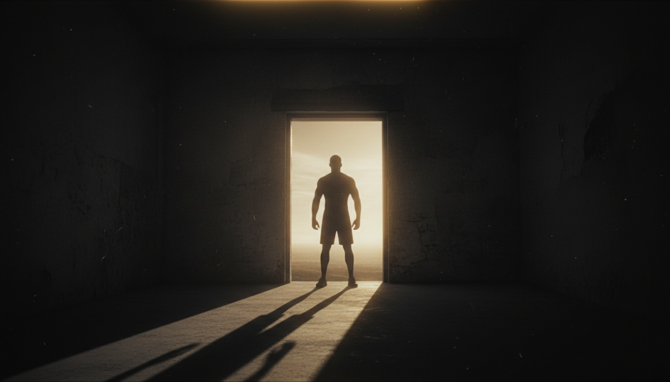 Athlete standing at a threshold between past and future