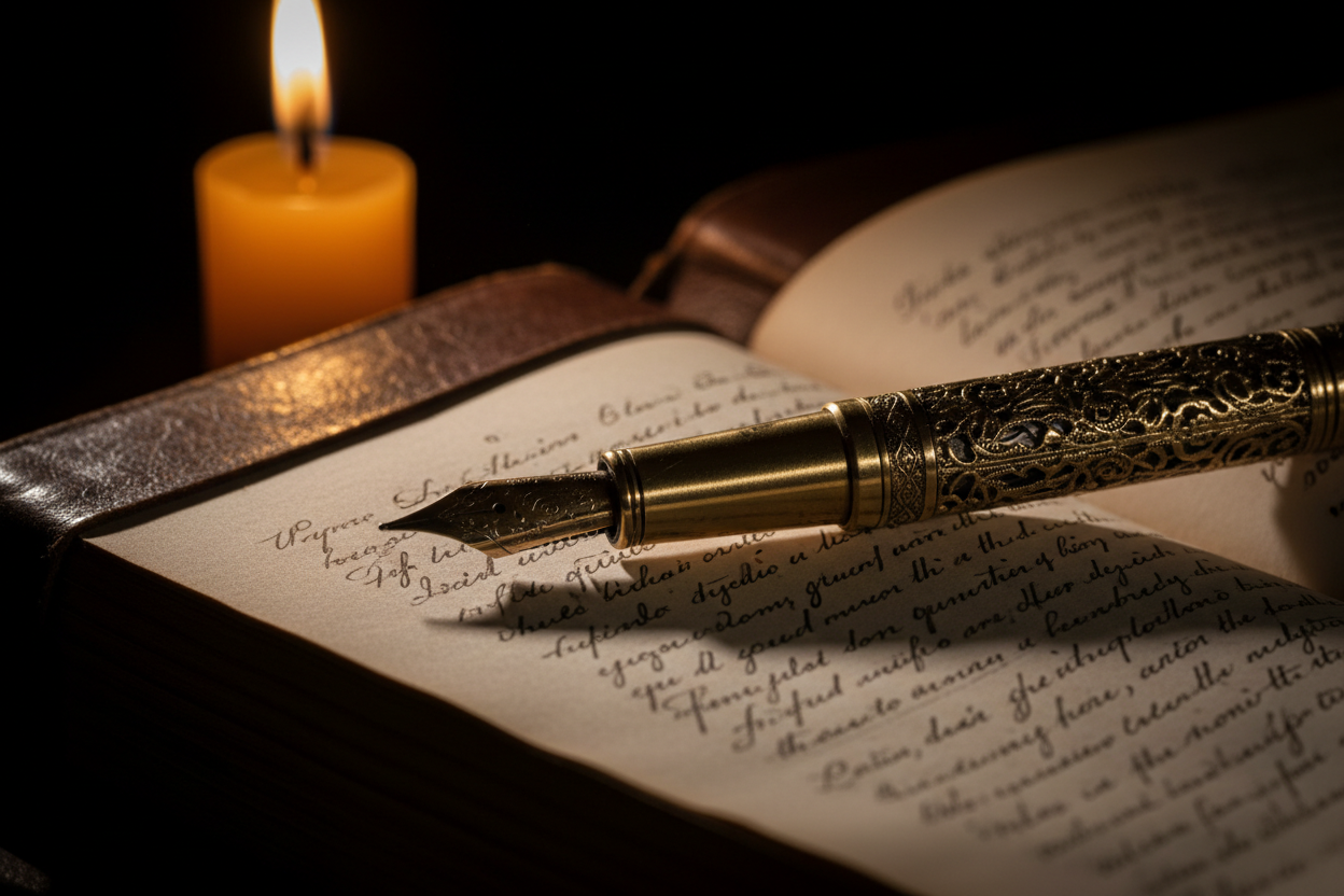 Journal and fountain pen in candlelight