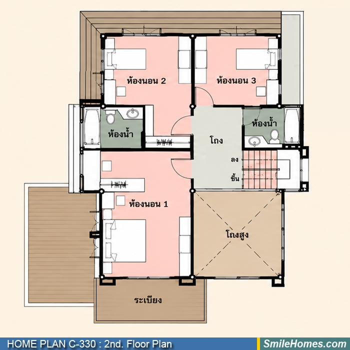แปลนพื้นชั้นบน — แบบบ้าน 3 ชั้น C-330