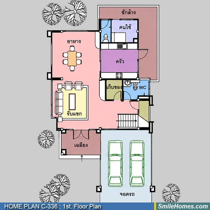 แปลนพื้นชั้นล่าง — แบบบ้าน 3 ชั้น C-336