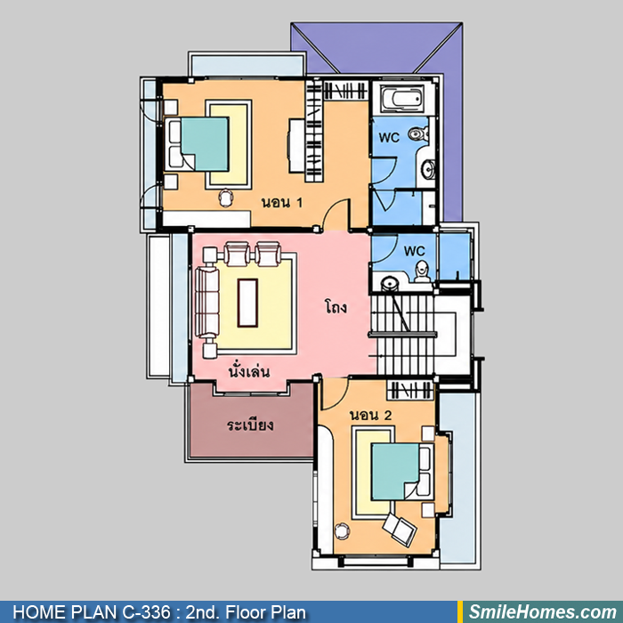 แปลนพื้นชั้นบน — แบบบ้าน 3 ชั้น C-336