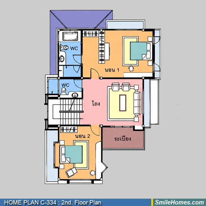 แปลนพื้นชั้นบน — แบบบ้าน 3 ชั้น C-334