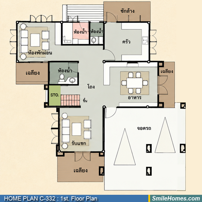 แปลนพื้นชั้นล่าง — แบบบ้าน 3 ชั้น C-332