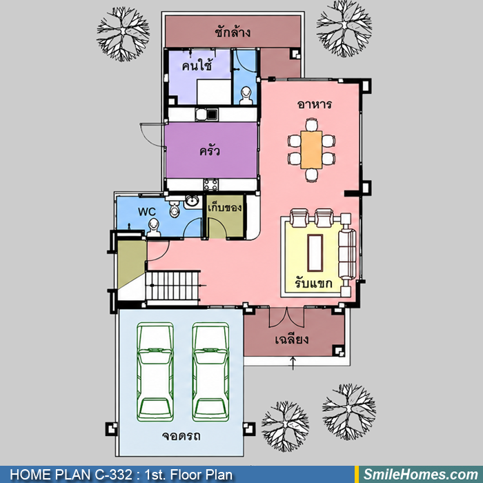 แปลนพื้นชั้นล่าง — แบบบ้าน 3 ชั้น C-334