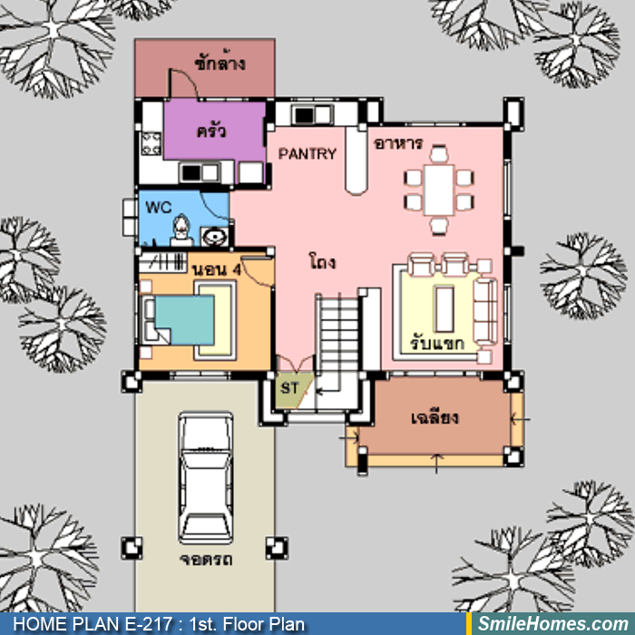 แปลนพื้นชั้นล่าง — แบบบ้าน 2 ชั้น E-217