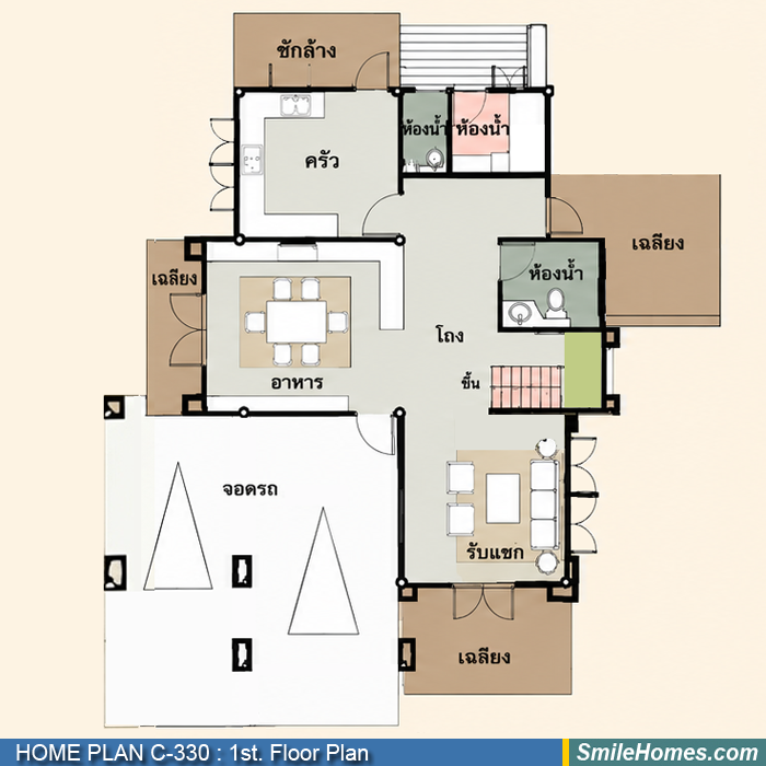 แปลนพื้นชั้นล่าง — แบบบ้าน 3 ชั้น C-330