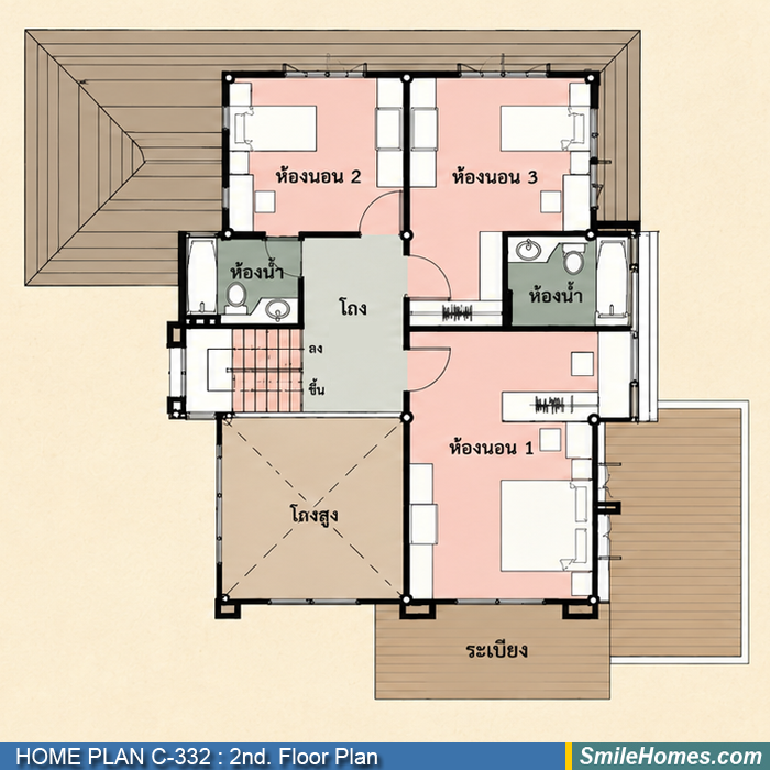 แปลนพื้นชั้นบน — แบบบ้าน 3 ชั้น C-332