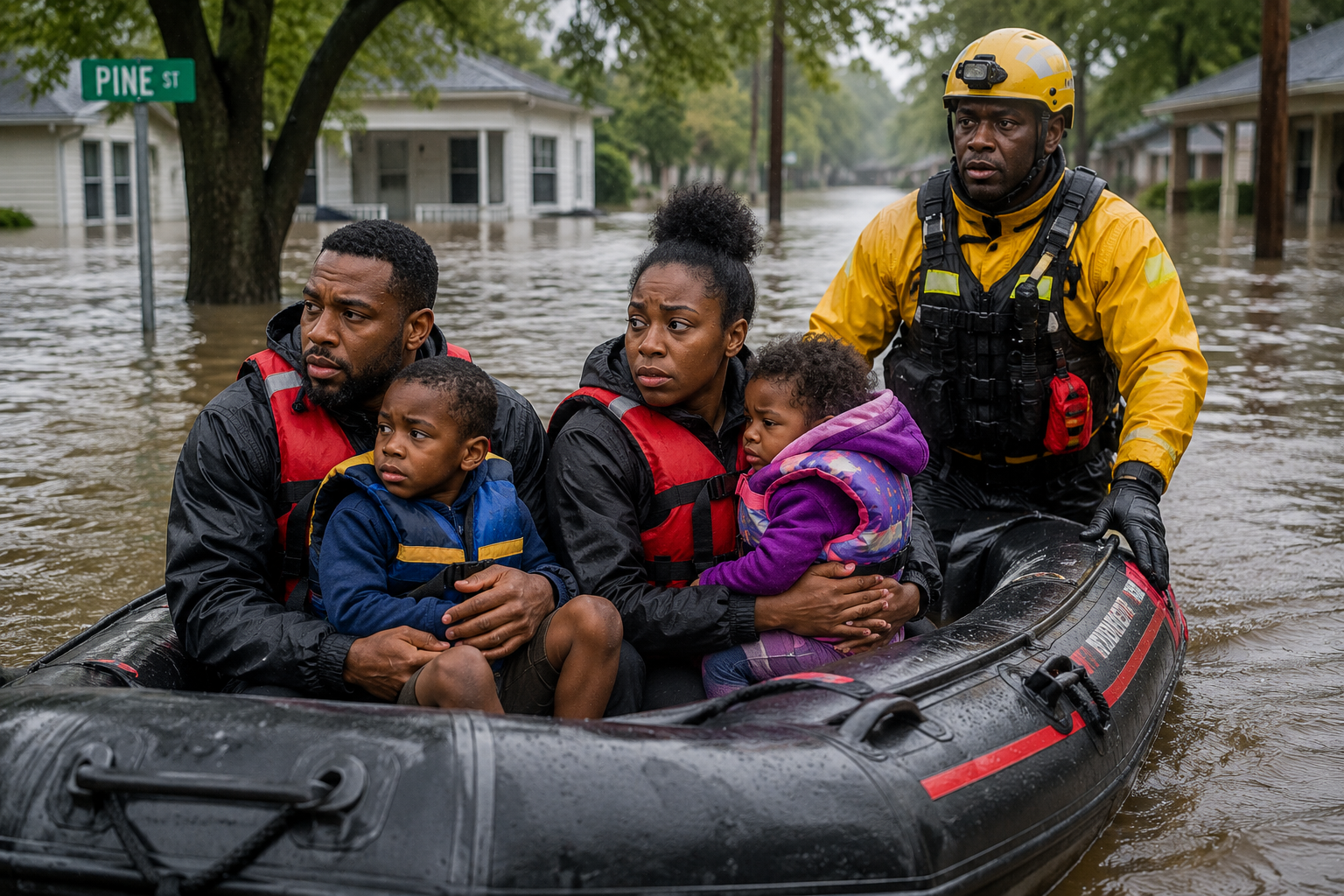 Flood rescue scene in a residential neighborhood