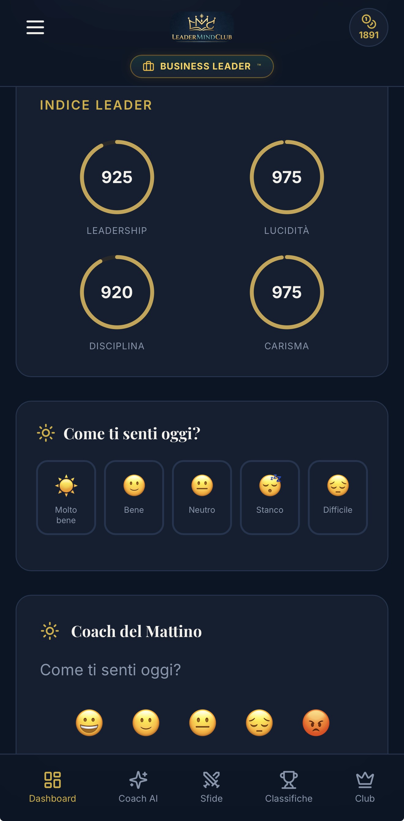 Screenshot app LeaderMindClub — Indice Leader & Benessere