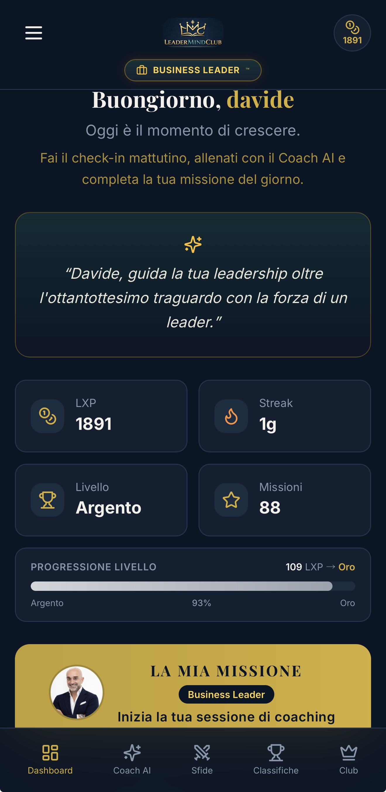 Screenshot app LeaderMindClub — Dashboard