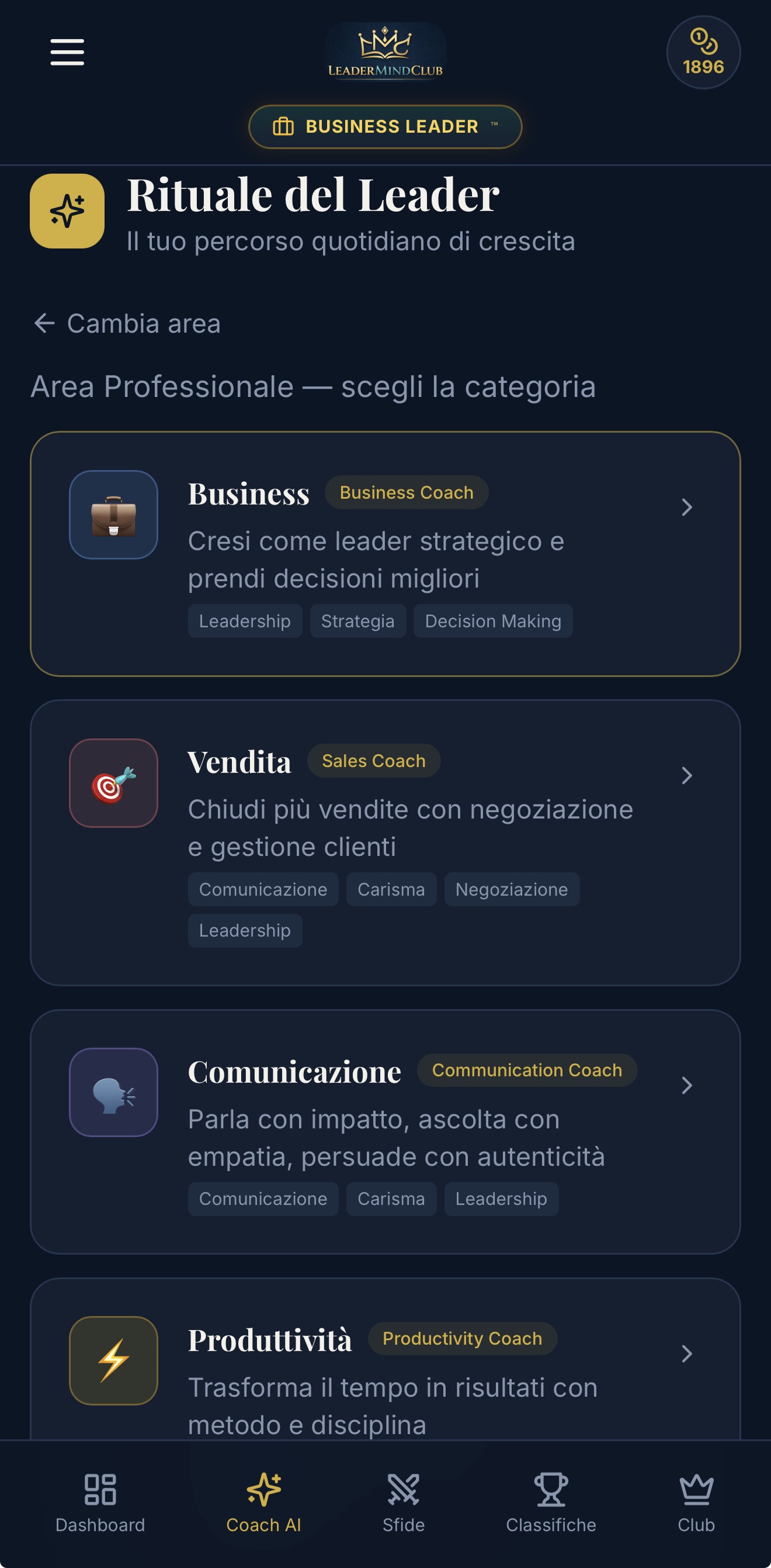 Screenshot app LeaderMindClub — Percorsi di Coaching