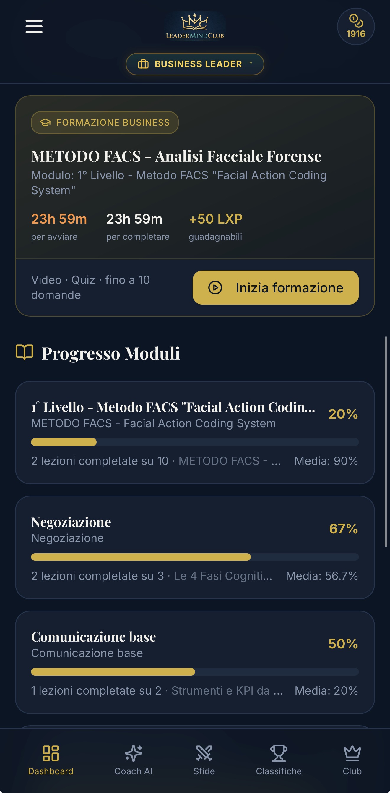 Screenshot app LeaderMindClub — Monitoraggio Progressi