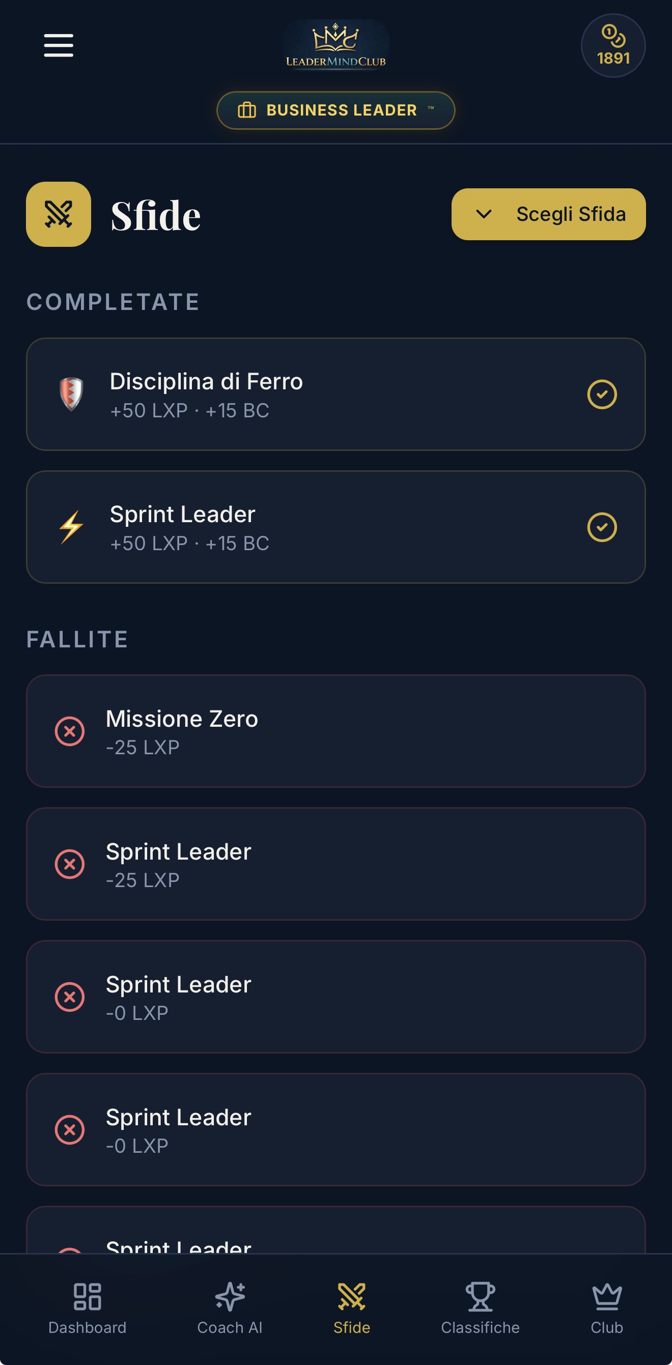 Screenshot app LeaderMindClub — Sfide