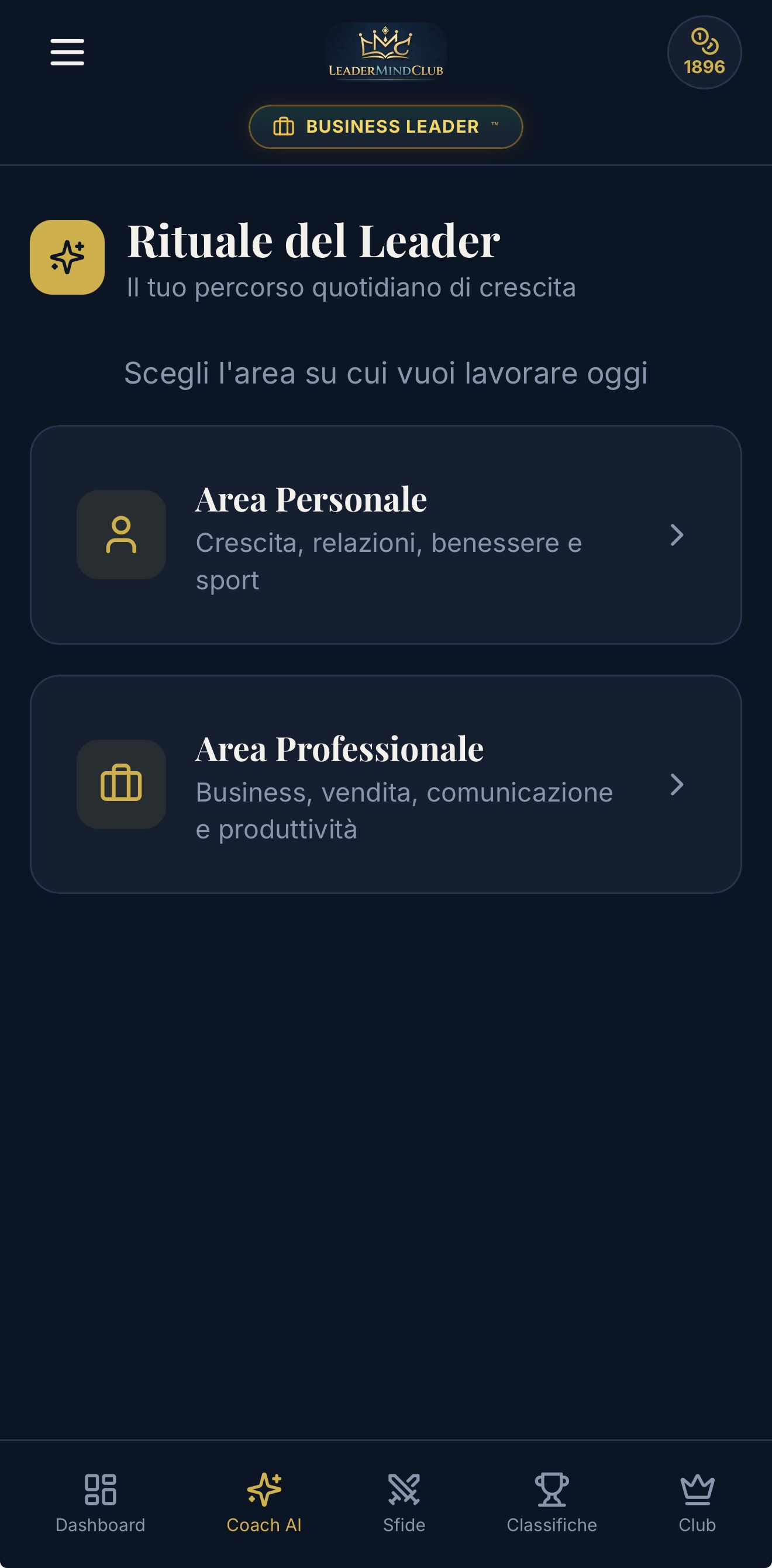 Screenshot app LeaderMindClub — Rituale del Leader