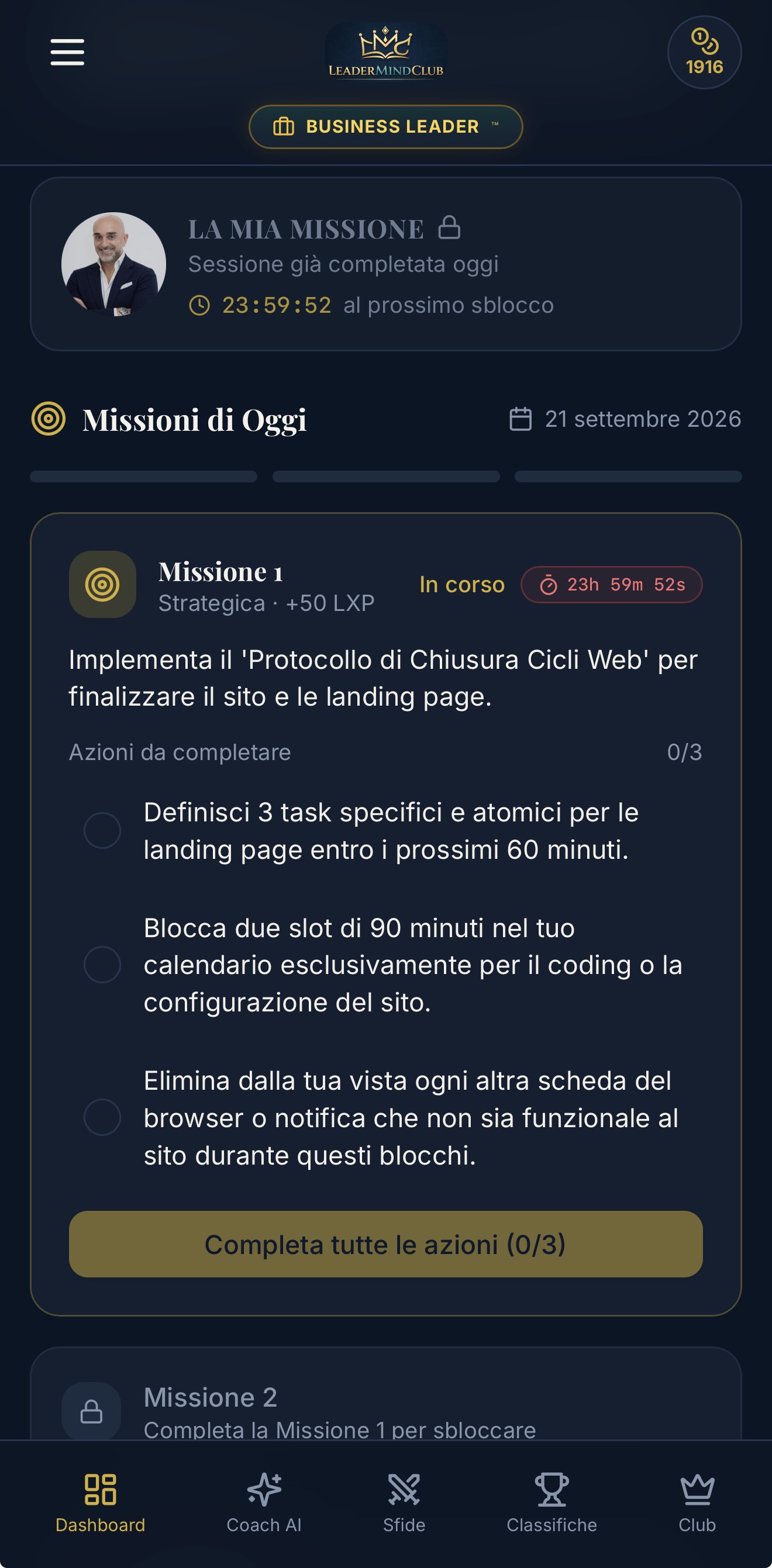 Screenshot app LeaderMindClub — Missioni Quotidiane