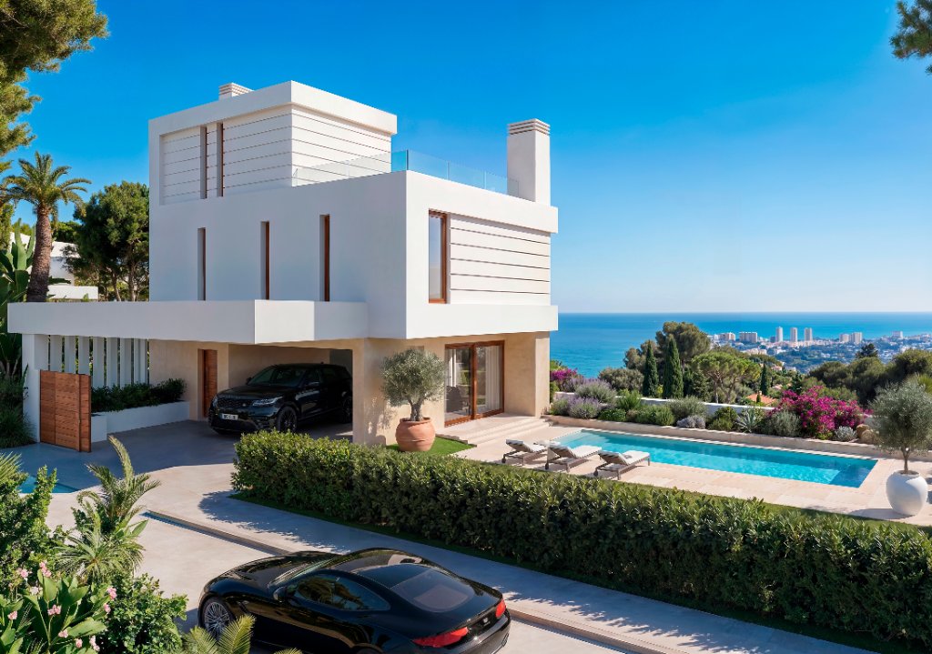Villa Almara al atardecer con piscina infinity y arquitectura contemporánea