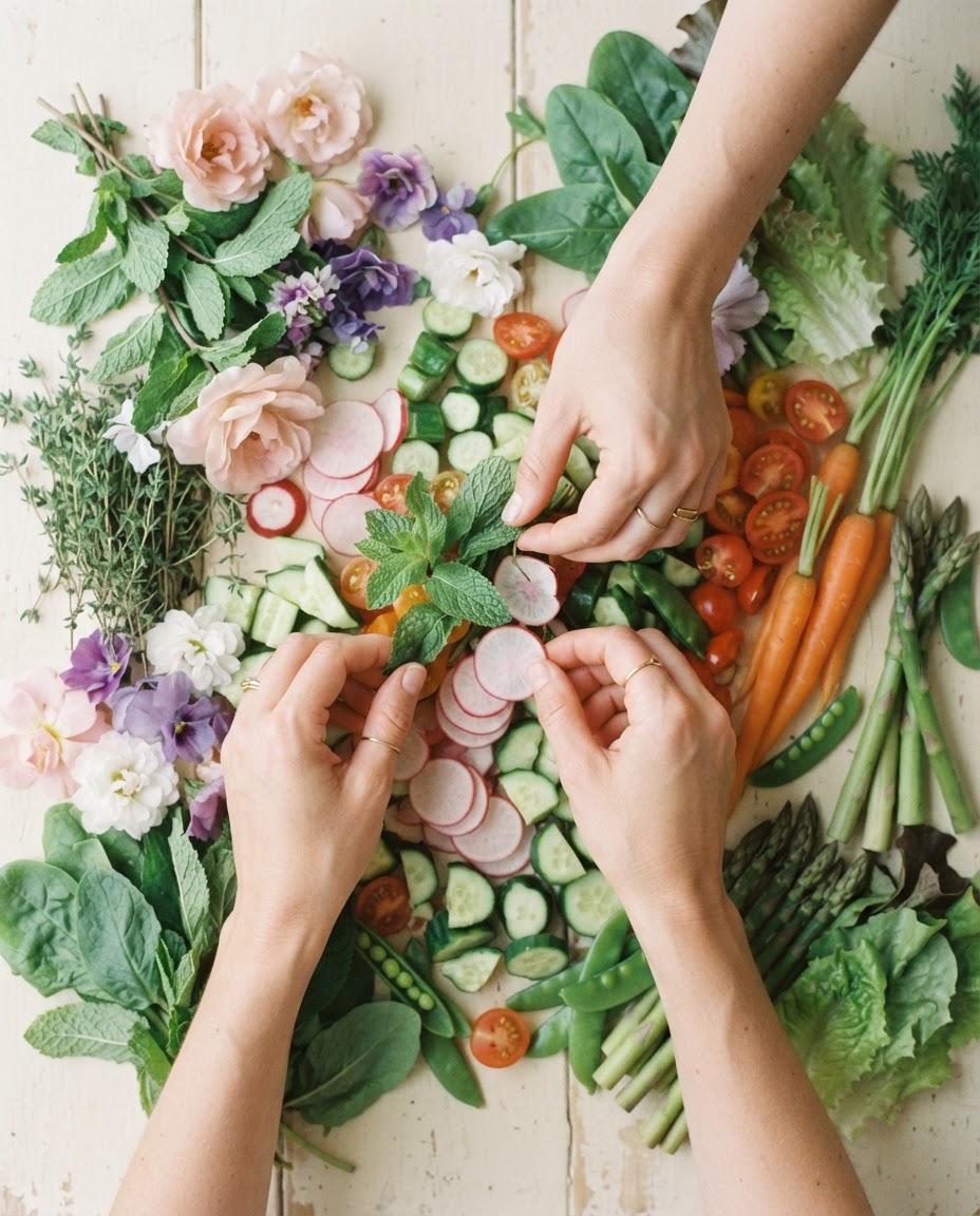 Hands arranging vegetables on a light surface