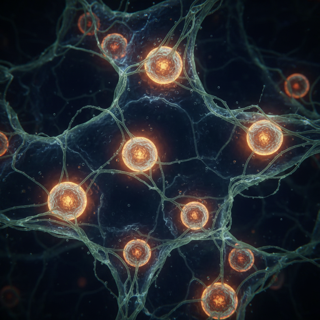 Abstract visualization of cellular regeneration with warm copper light