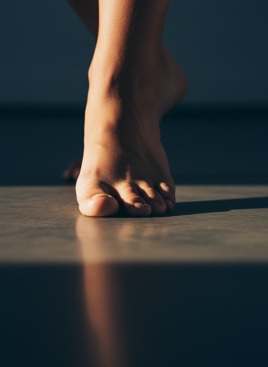 Macro photograph of a foot in motion with dramatic clinical lighting