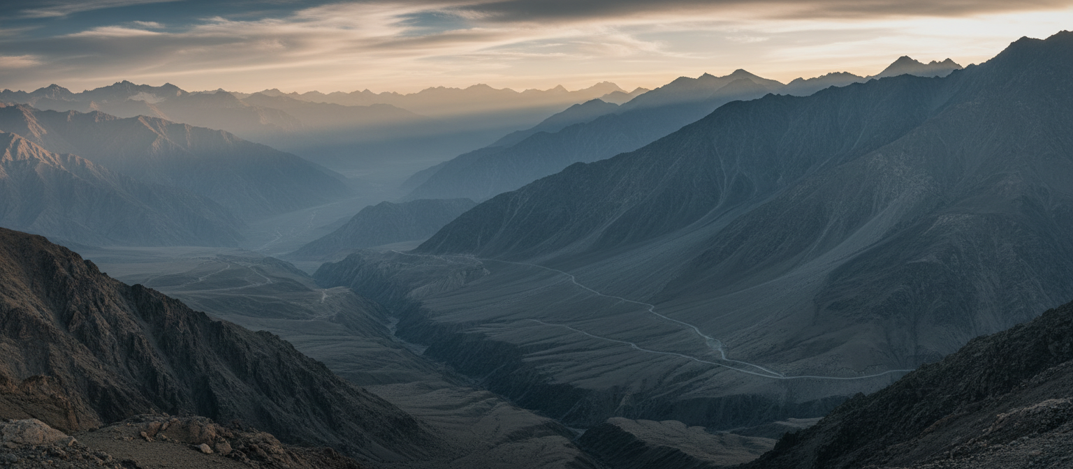 Panoramic view of the Pamir Mountains at golden hour