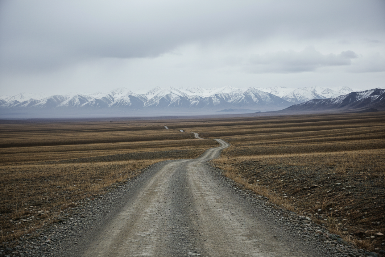 Central Asian steppe with winding road to distant mountains
