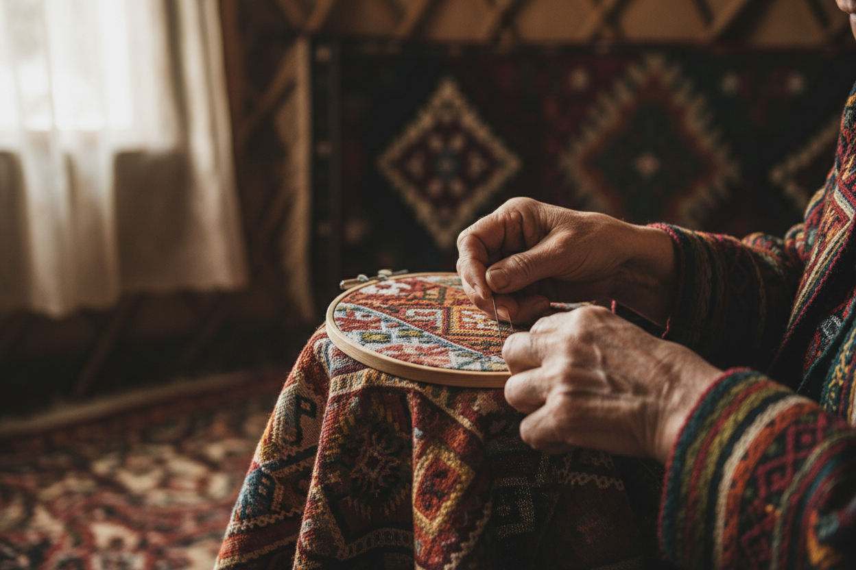 Woman's hands working on traditional embroidery craft