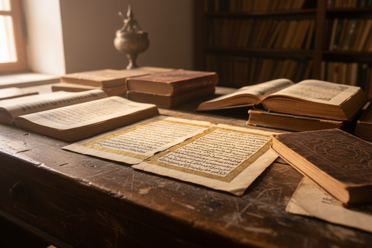 Ancient manuscripts and books in a traditional library